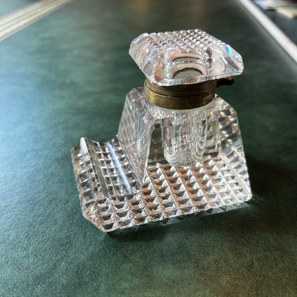 Antique Vintage Cut Glass Inkwell with Brass Hardware - Picture 2 of 9